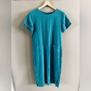 Teal Linen Short Sleeve Midi Shift Dress - Medium